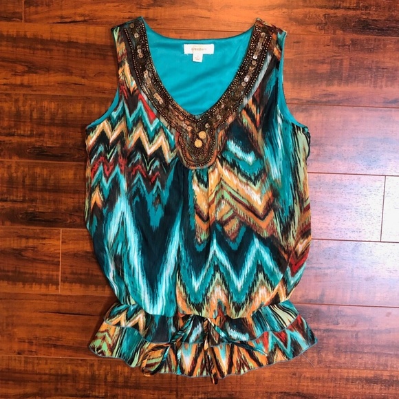 Dress Barn Beaded Tie Tiered Waist Top - Picture 2 of 4